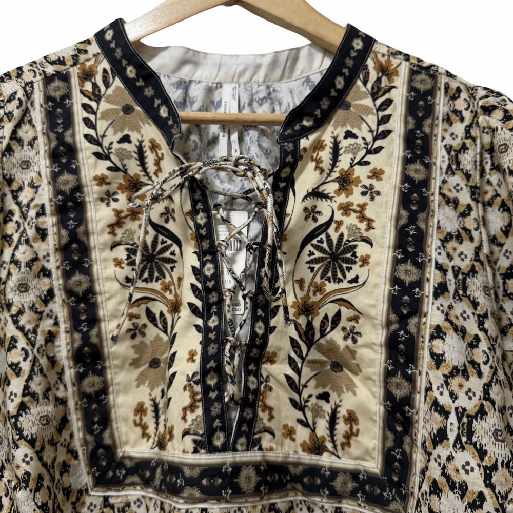 Anthropologie Pleated Floral Puff Sleeve Blouse Size 3X Black Motif Boho NEW - Picture 3 of 9